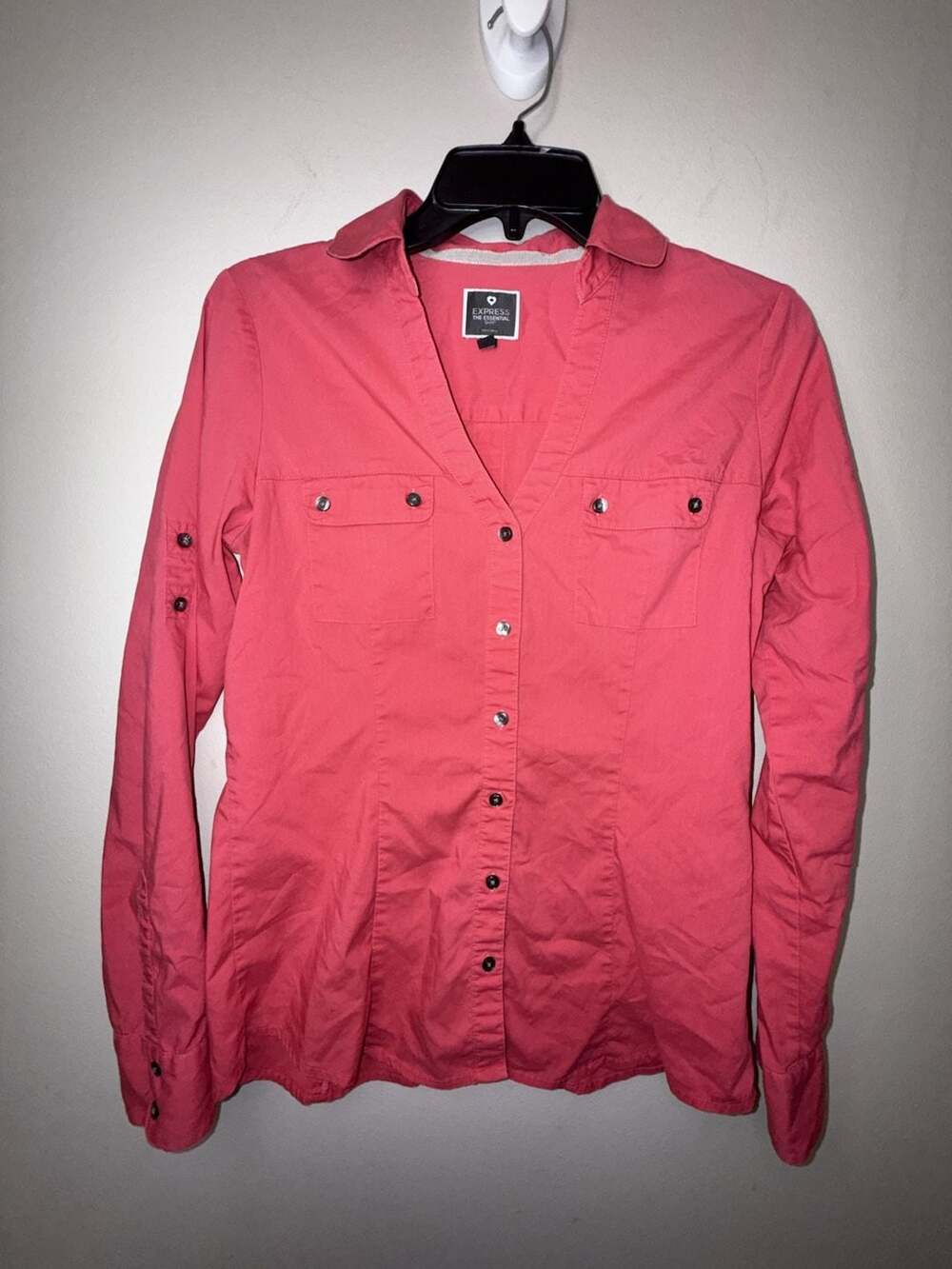 Express The Essential Shirt Original Fit Salmon Roll-Tab Utility Blouse